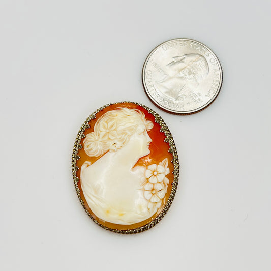 14K white gold shell cameo brooch with female portrait