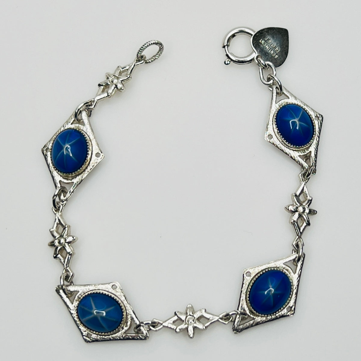 Overhead view of Sentiment bracelet showing blue cabochons and clasp