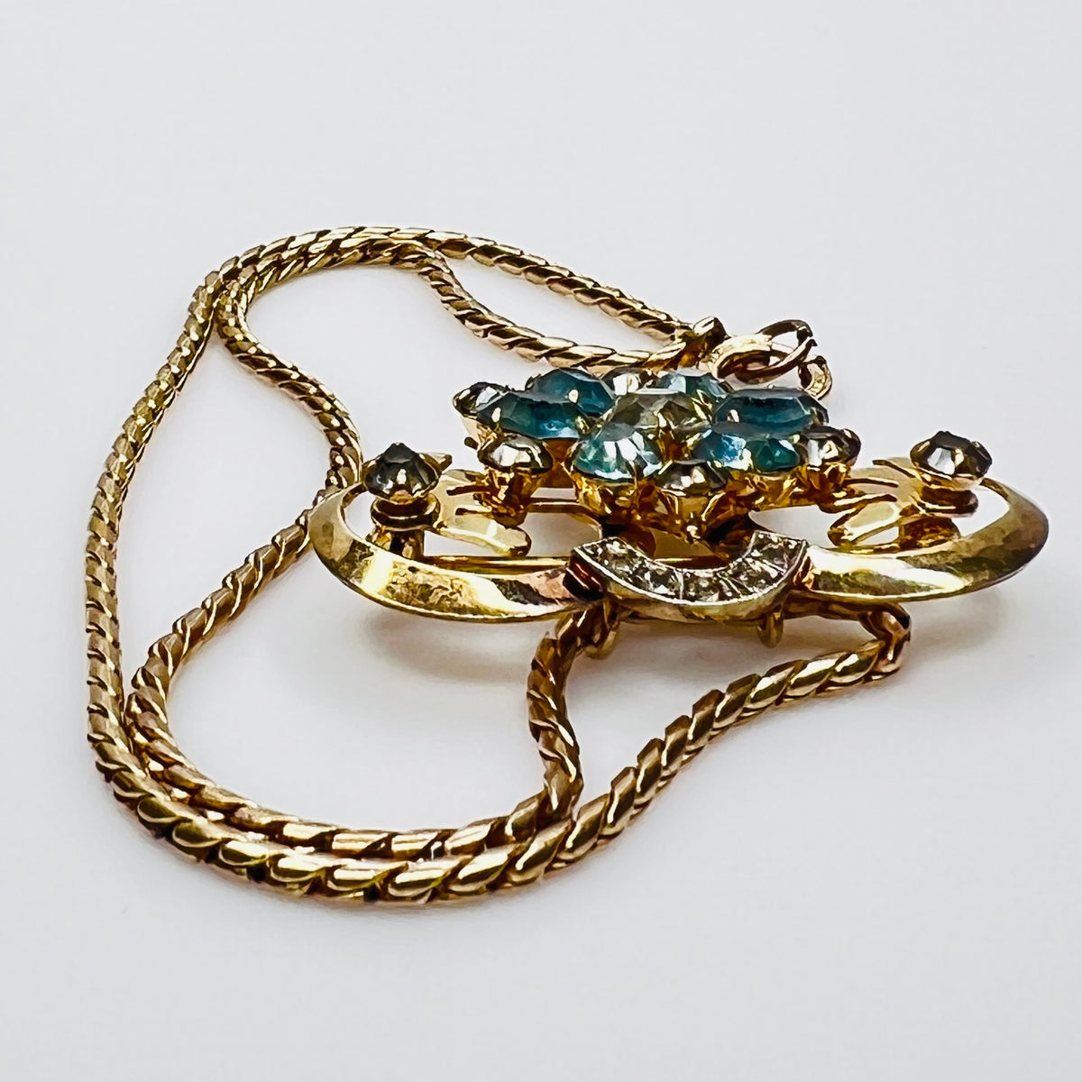 Vintage teal and clear rhinestone brooch pendant on gold filled chain
