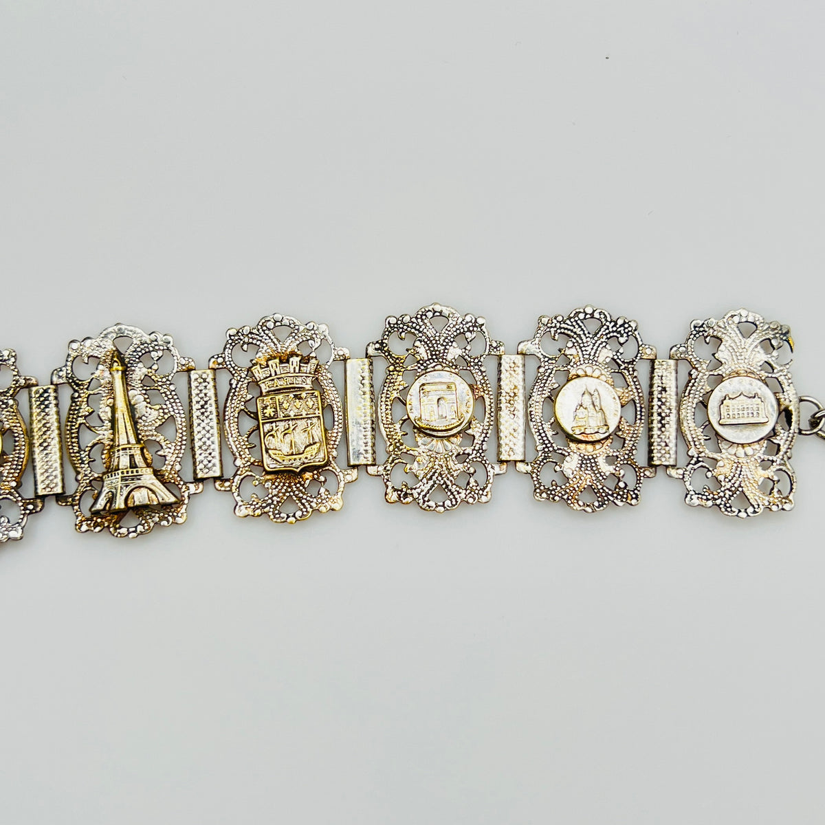 Vintage sterling silver Paris panel bracelet with Eiffel Tower motif
