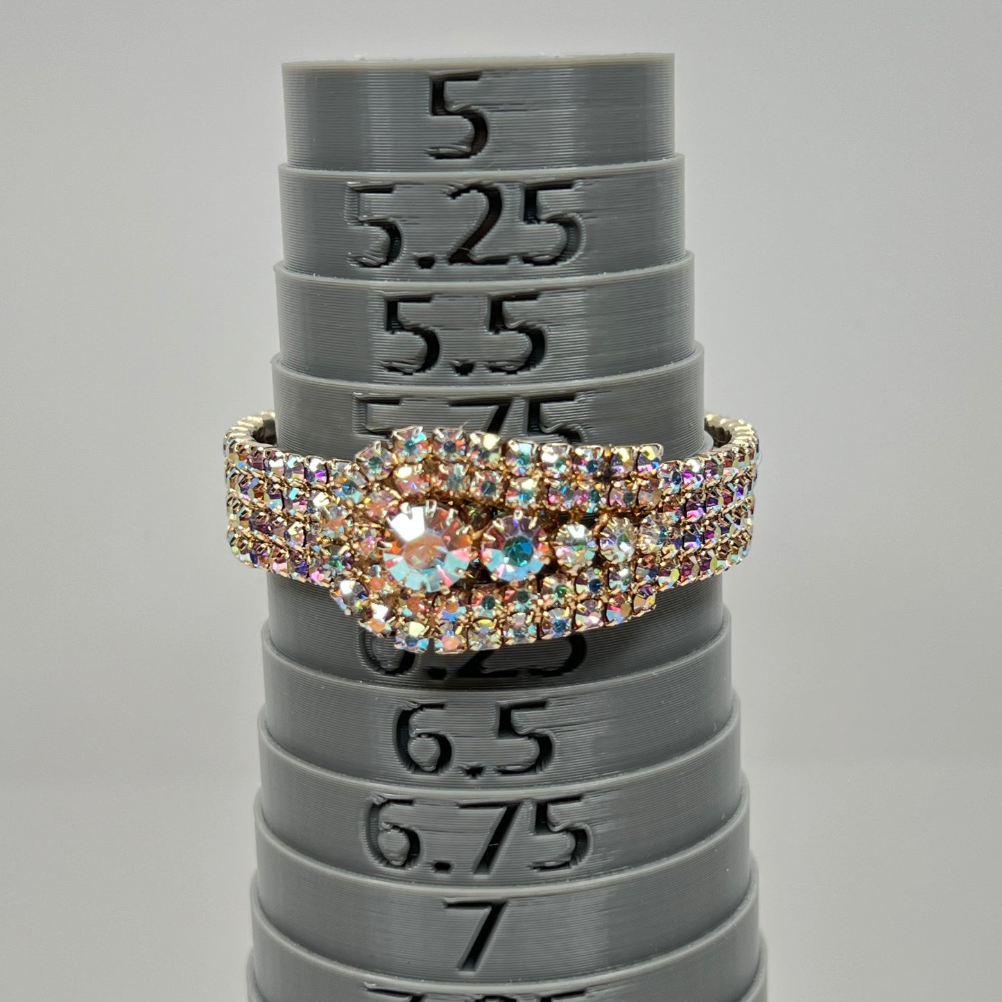 1950s AB rhinestone bracelet closed, displaying multi-row sparkle in gold-tone finish