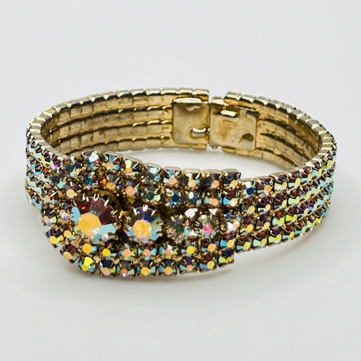 Back view of vintage rhinestone hinged bracelet showing clasp and structure