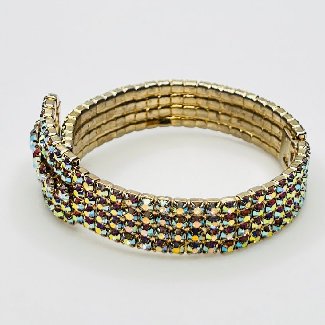 1950s AB rhinestone bracelet closed, displaying multi-row sparkle in gold-tone finish