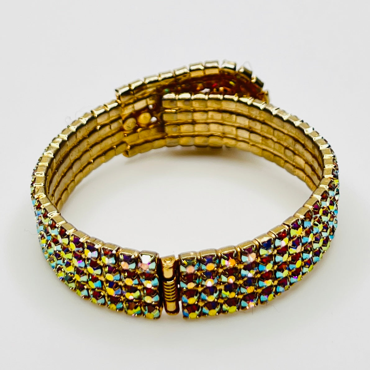 1950s AB rhinestone bracelet closed, displaying multi-row sparkle in gold-tone finish