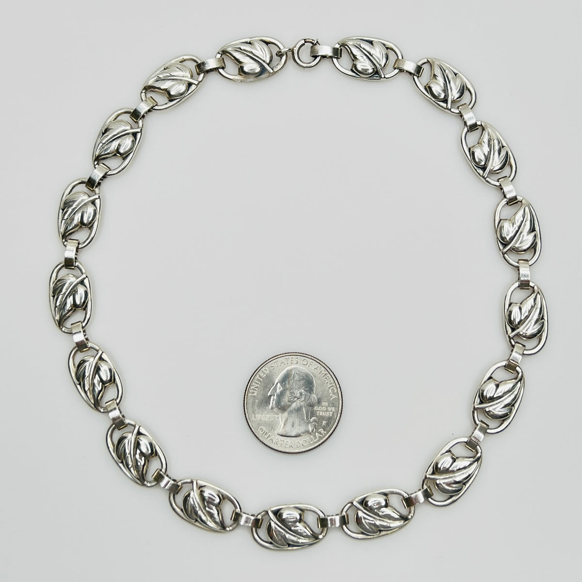 Vintage Danecraft sterling silver leaf choker necklace top view