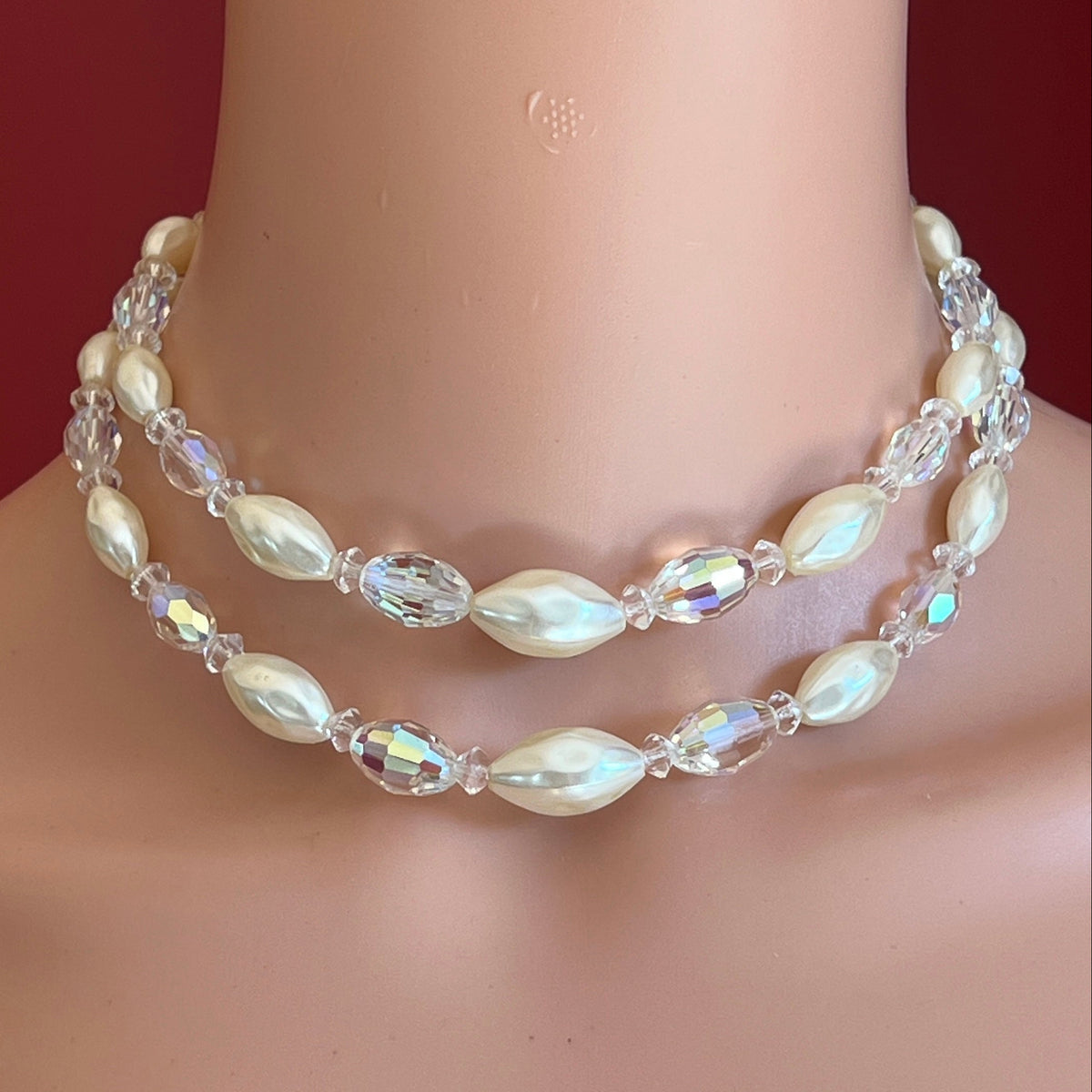 Vintage double strand faux pearl and aurora borealis glass bead necklace with hook clasp