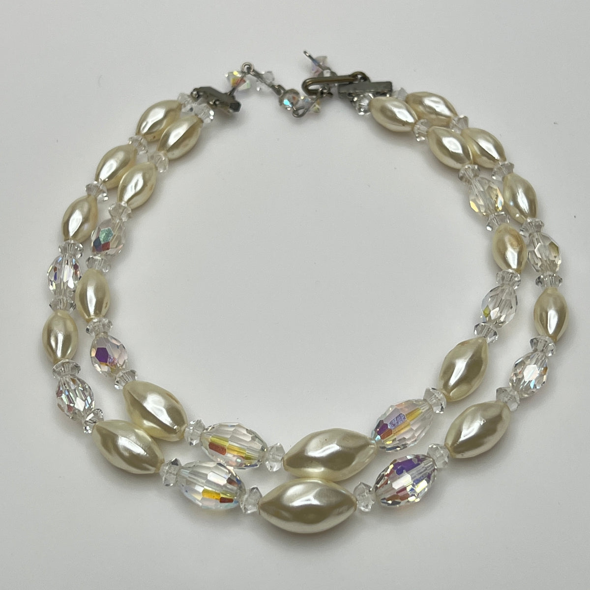 Vintage double strand faux pearl and aurora borealis glass bead necklace with hook clasp