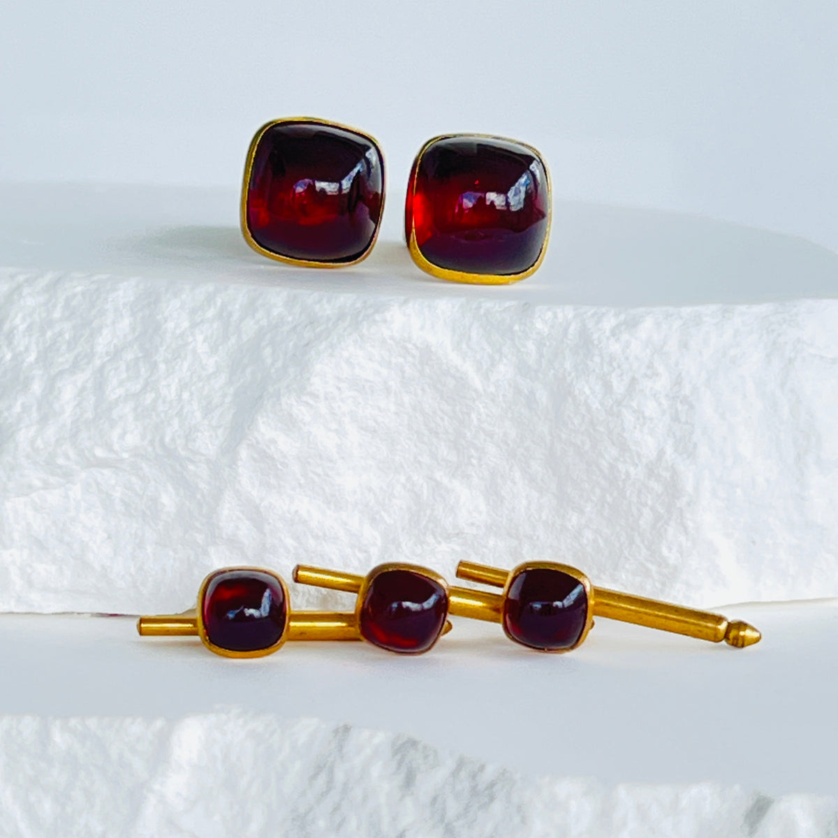 Art Deco estate cufflinks and button studs with square red lucite cabochons