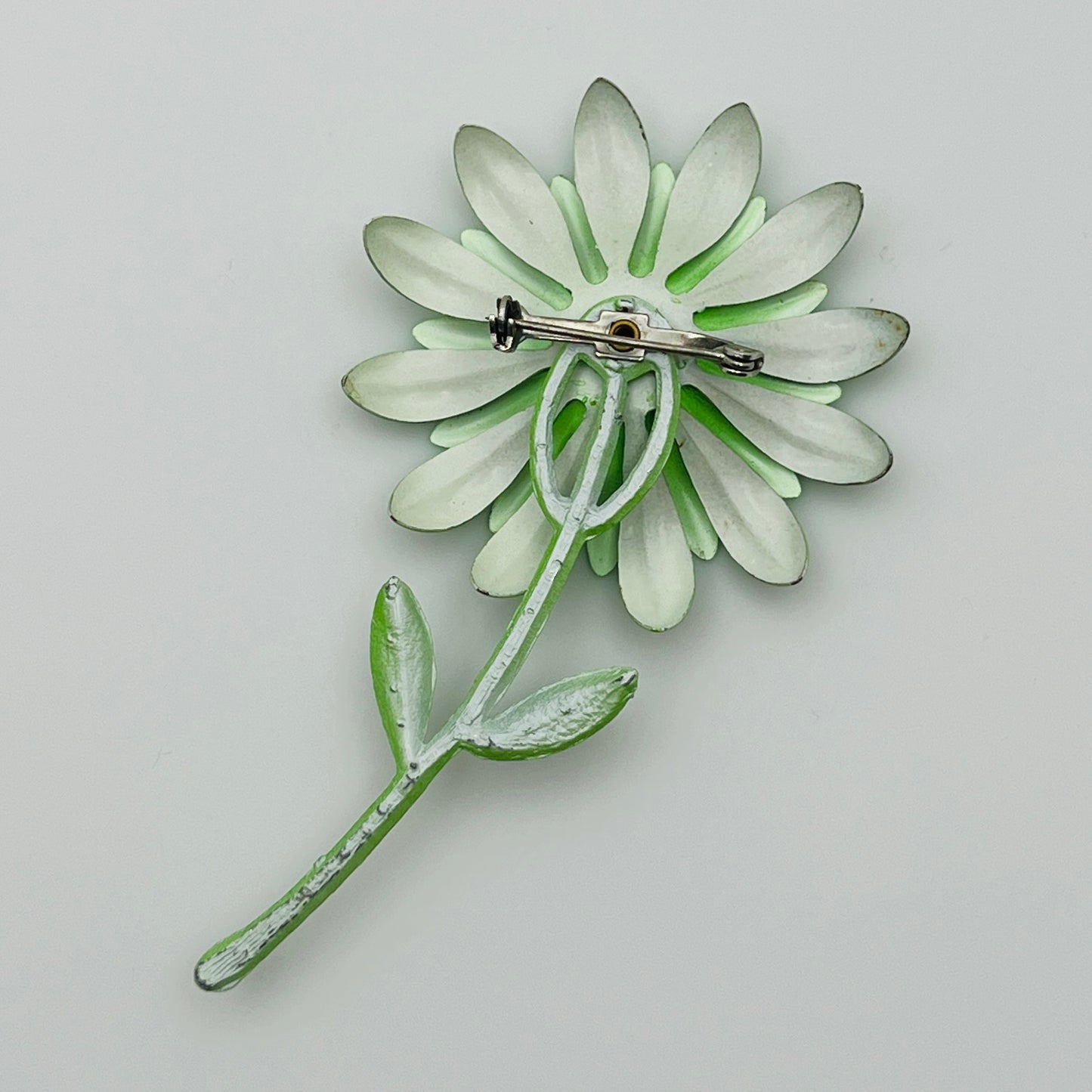 Vintage lime and kelly green enamel daisy pin, retro statement jewelry