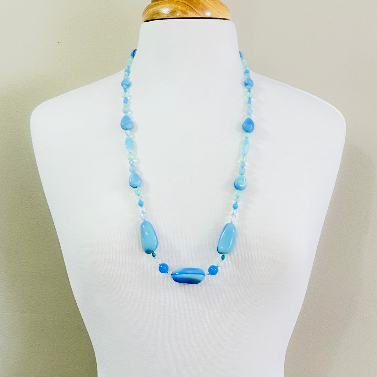 Long blue and green 1980s art glass necklace with organic beads