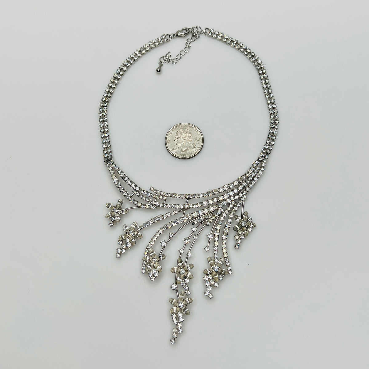 1950s bridal statement necklace with five-inch wide rhinestone bib