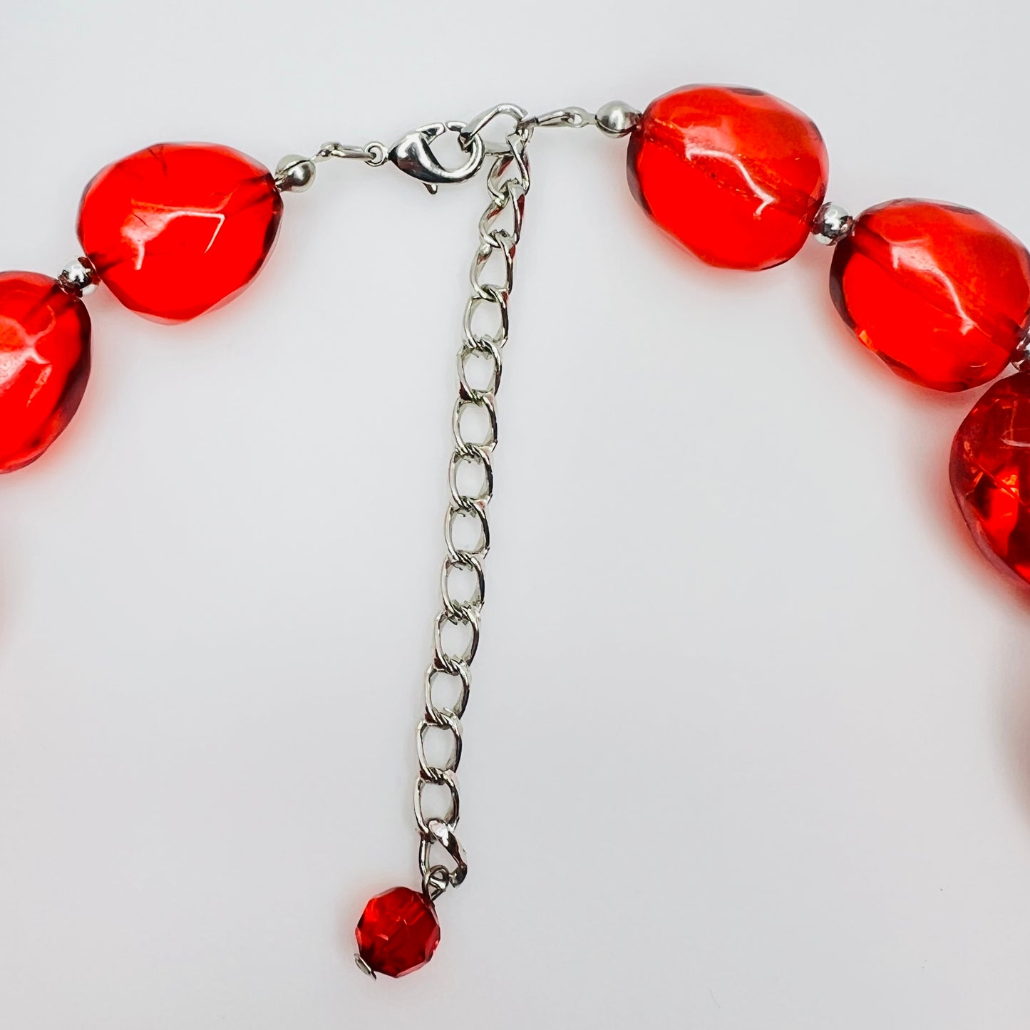 Vintage chunky red acrylic bead choker necklace with silver-tone clasp and extender