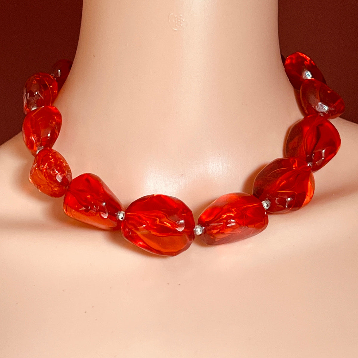 Vintage chunky red acrylic bead choker necklace with silver-tone clasp and extender