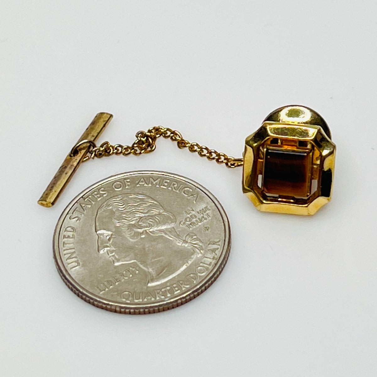 Gold square tie tack with tiger eye stone, vintage Anson design