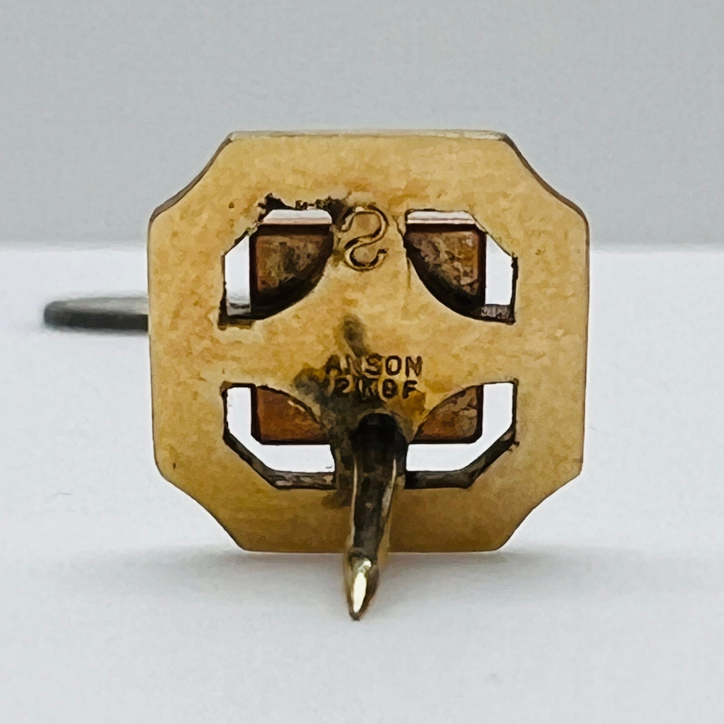 Gold square tie tack with tiger eye stone, vintage Anson design