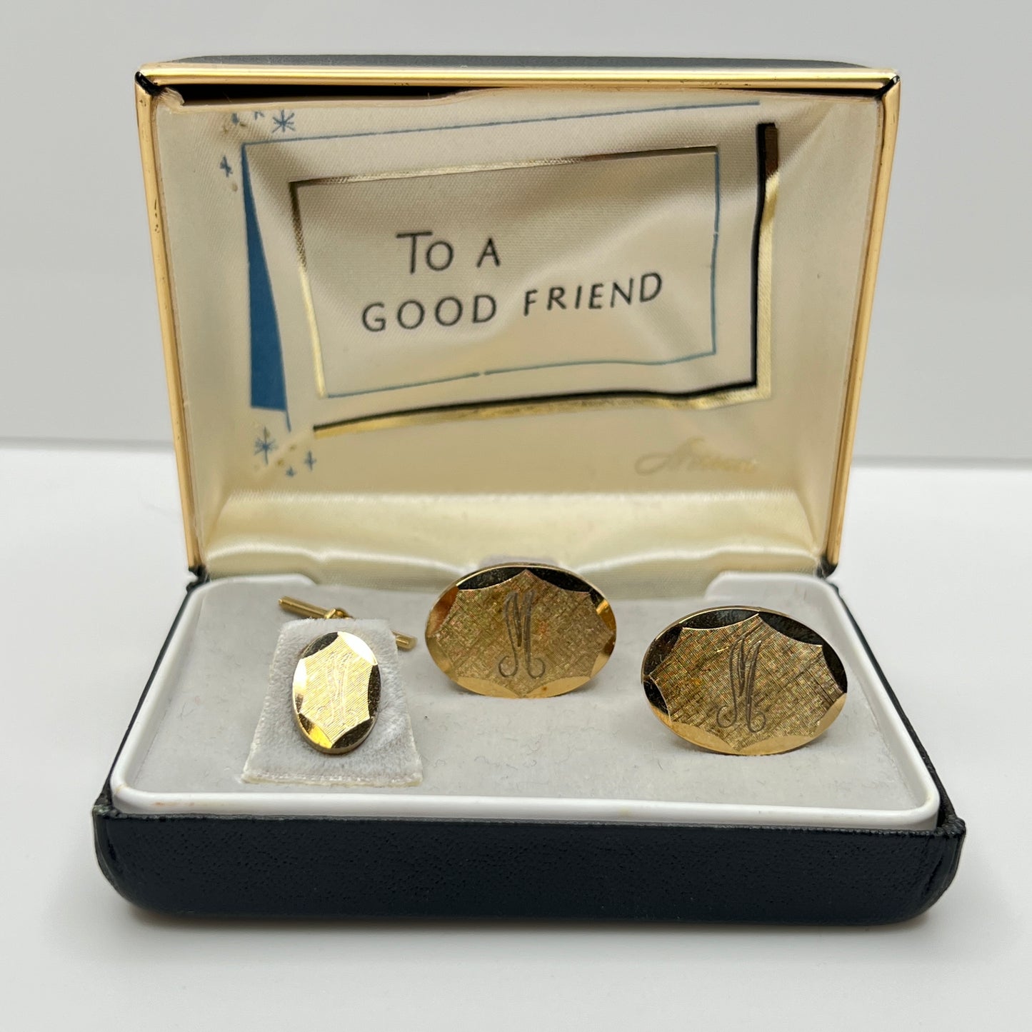 Vintage Anson cufflink and tie tack set in original box with "To a Good Friend" message
