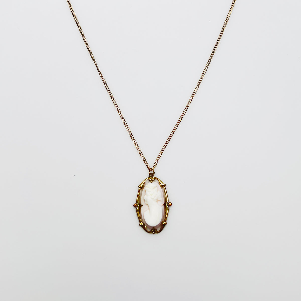 Victorian pink shell cameo pendant gold filled necklace portrait