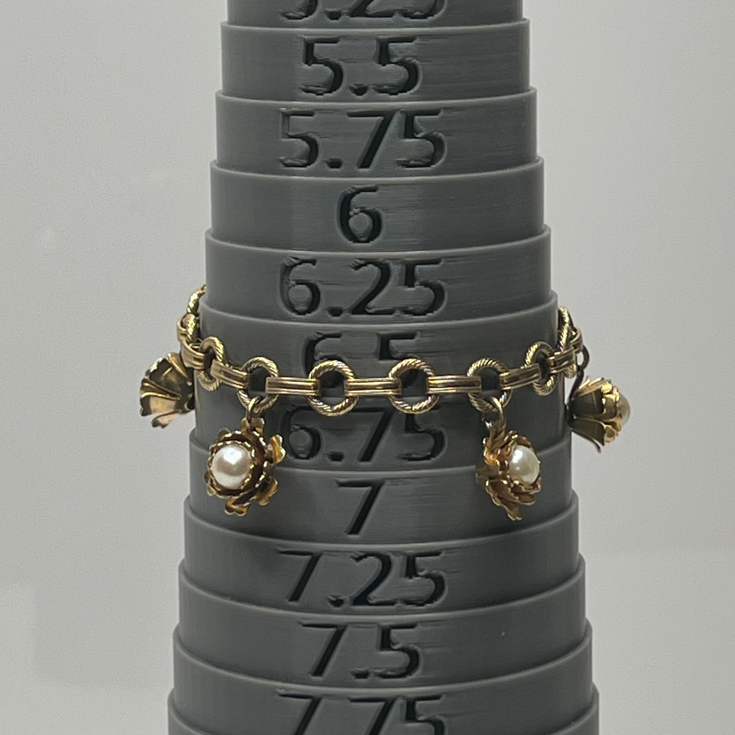 Gold-Tone Rose Charm Bracelet – Mid Century – Faux Pearl Buds