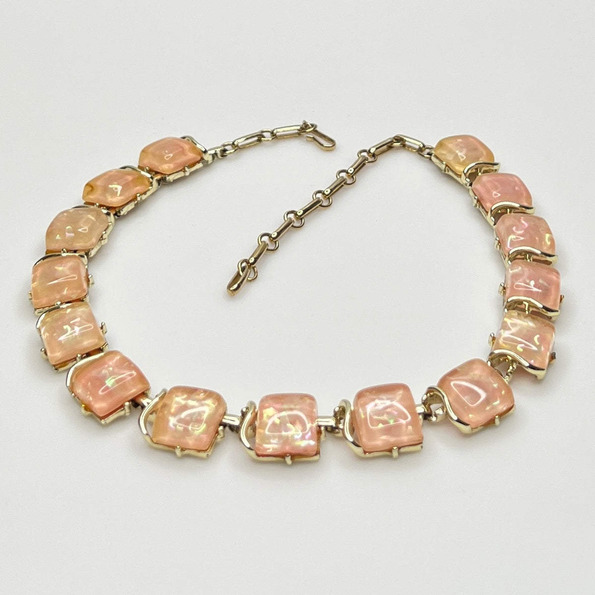 Coro Lucite confetti necklace with peach iridescent panels, gold-tone setting