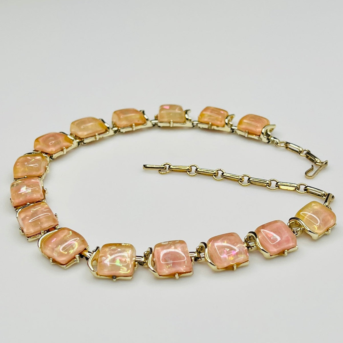 Coro Lucite confetti necklace with peach iridescent panels, gold-tone setting