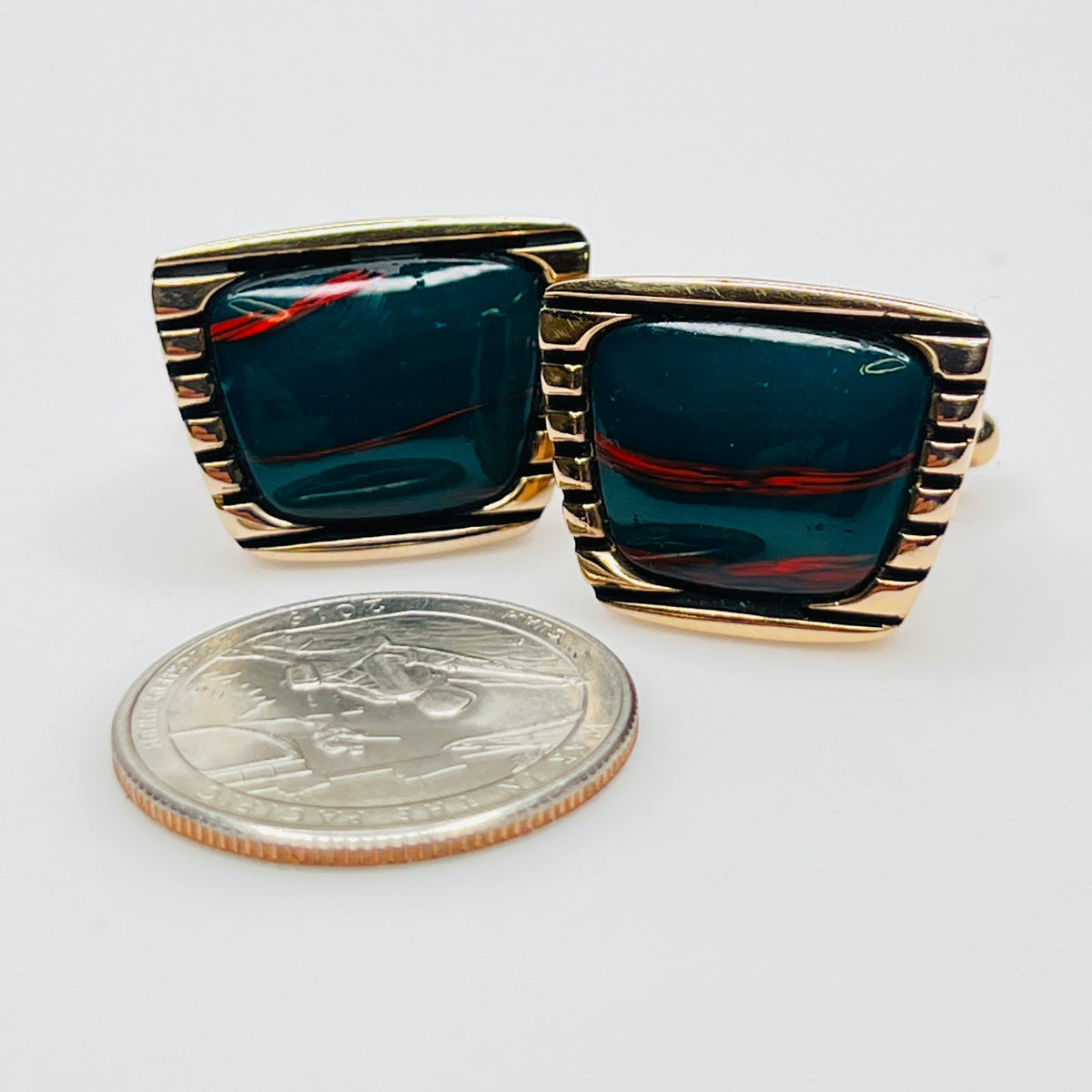 1950s Hickok cufflinks with teal glass cabochons and rose gold-tone setting