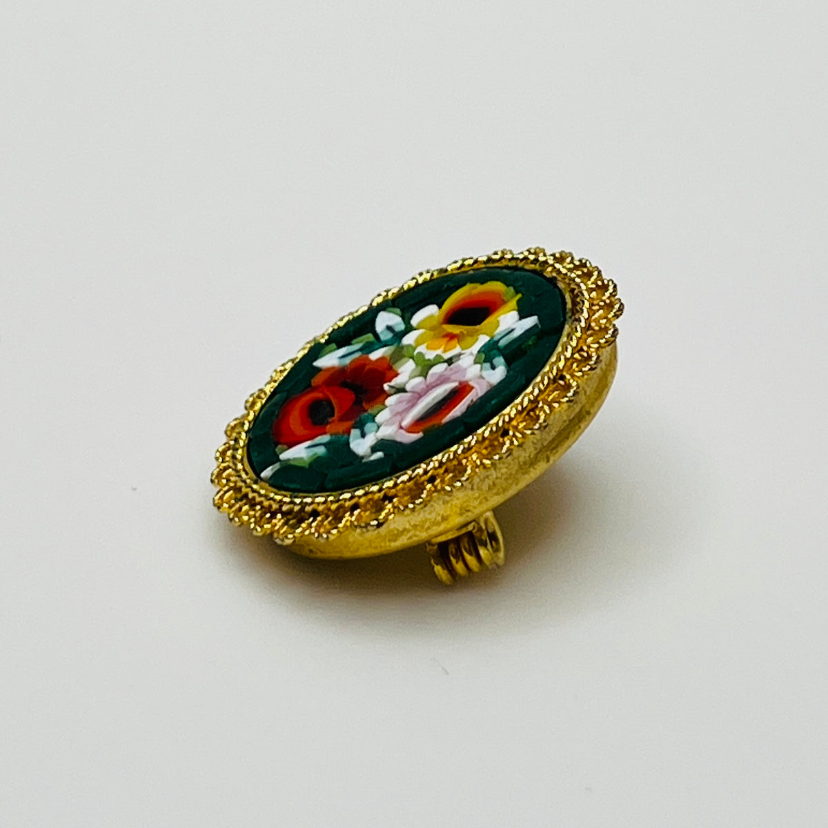 Vintage Italian gold micro mosaic brooch with floral rose motif