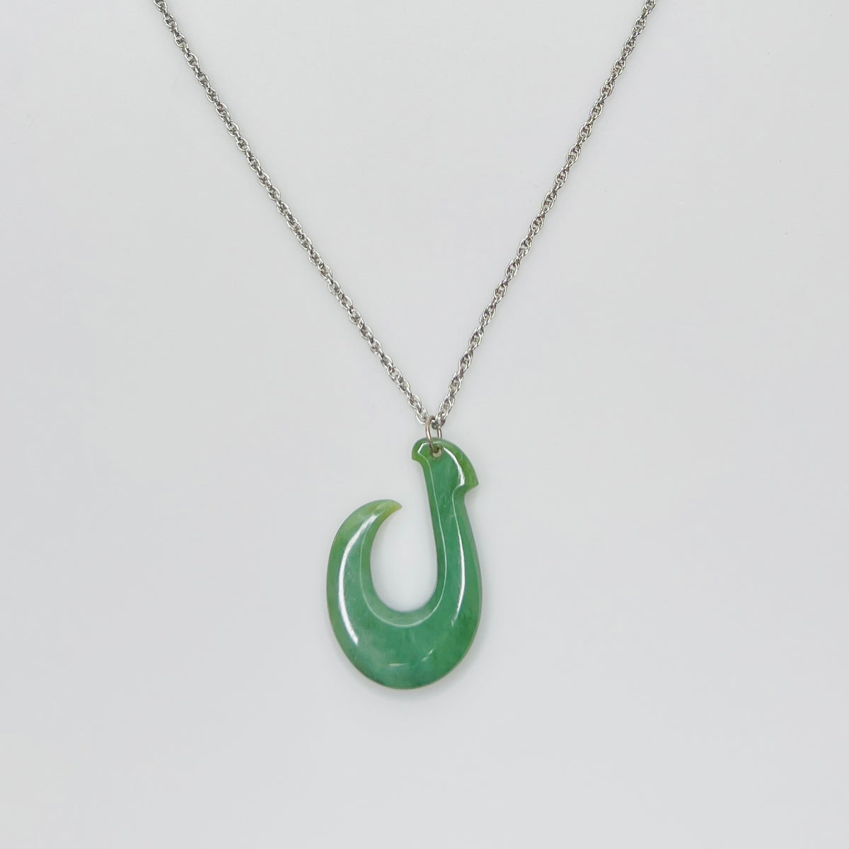 Vintage jade fish hook (Makau) pendant on 12K white gold-filled chain