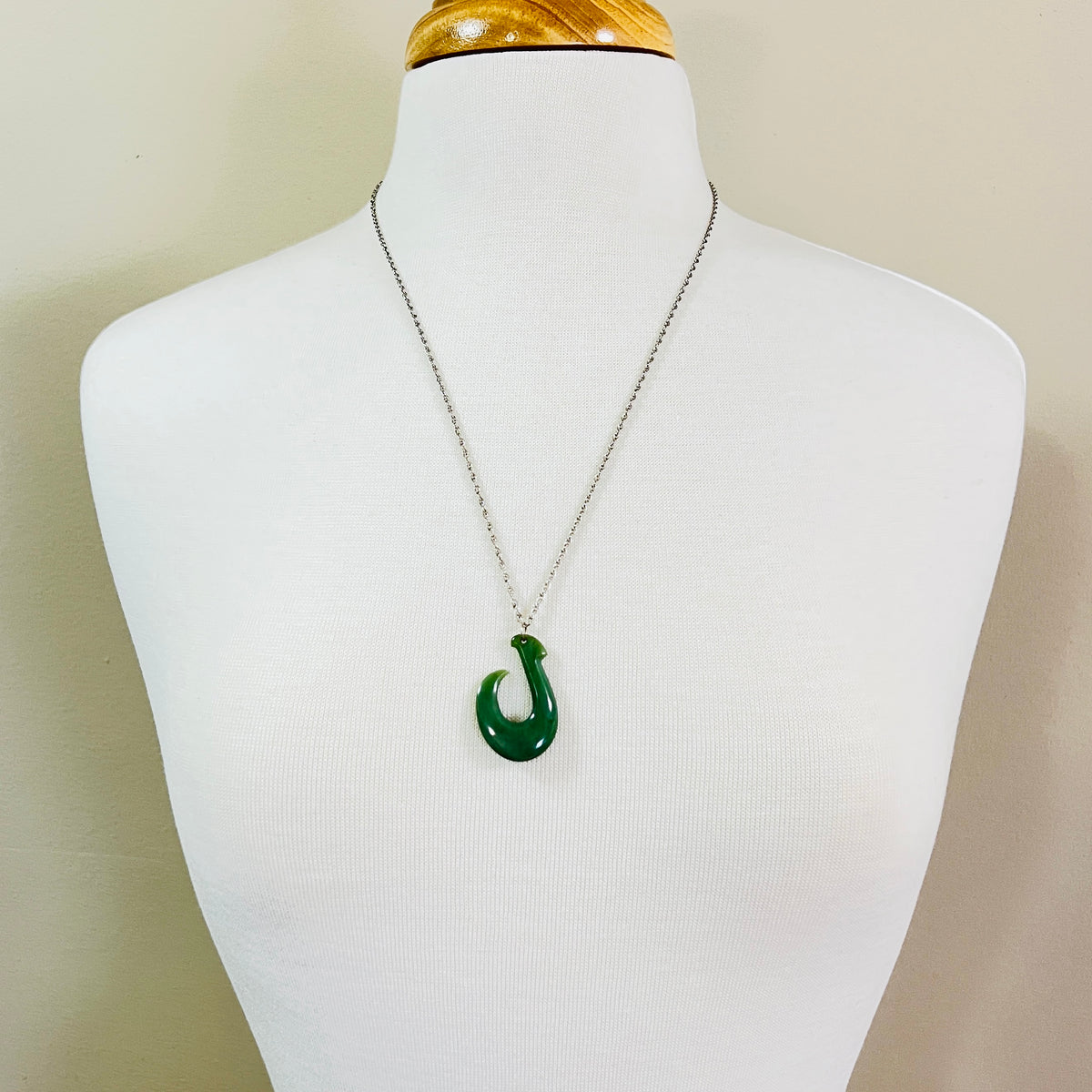 Vintage jade fish hook (Makau) pendant on 12K white gold-filled chain