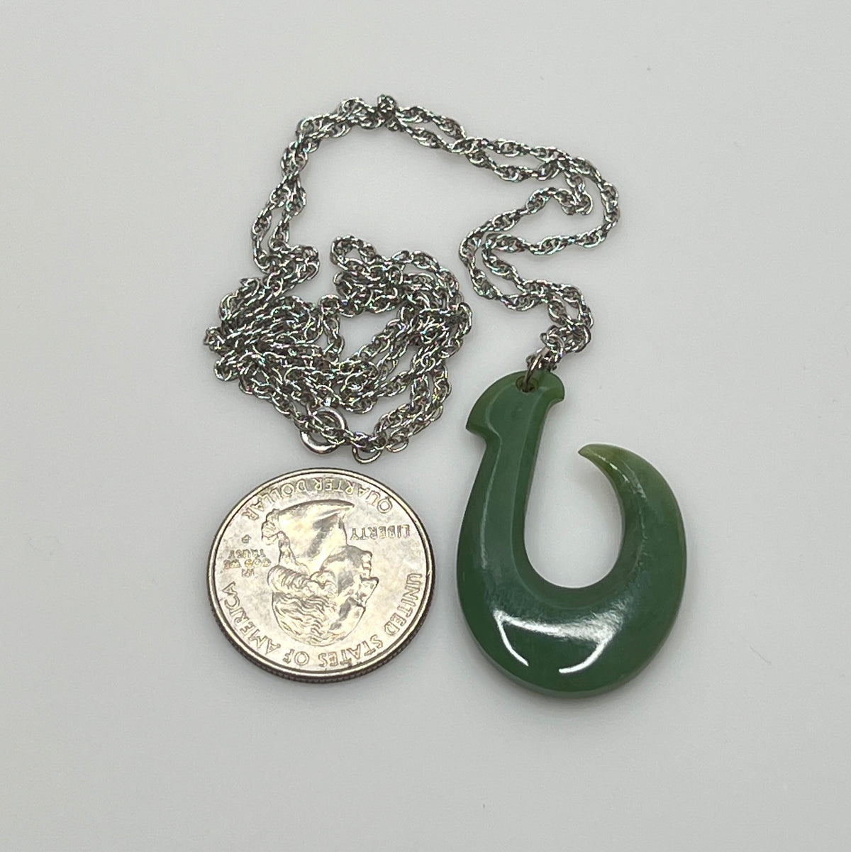 Vintage jade fish hook (Makau) pendant on 12K white gold-filled chain