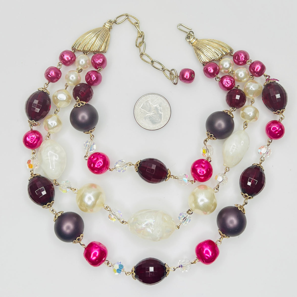 Mid century multi strand faux pearl and crystal necklace