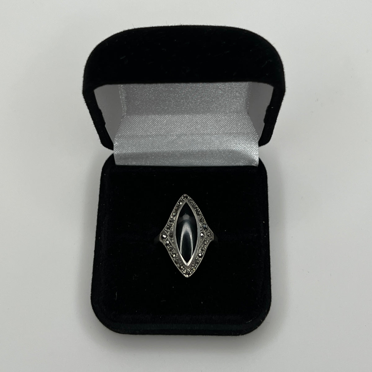 Overhead view showing full marquise onyx and marcasite design