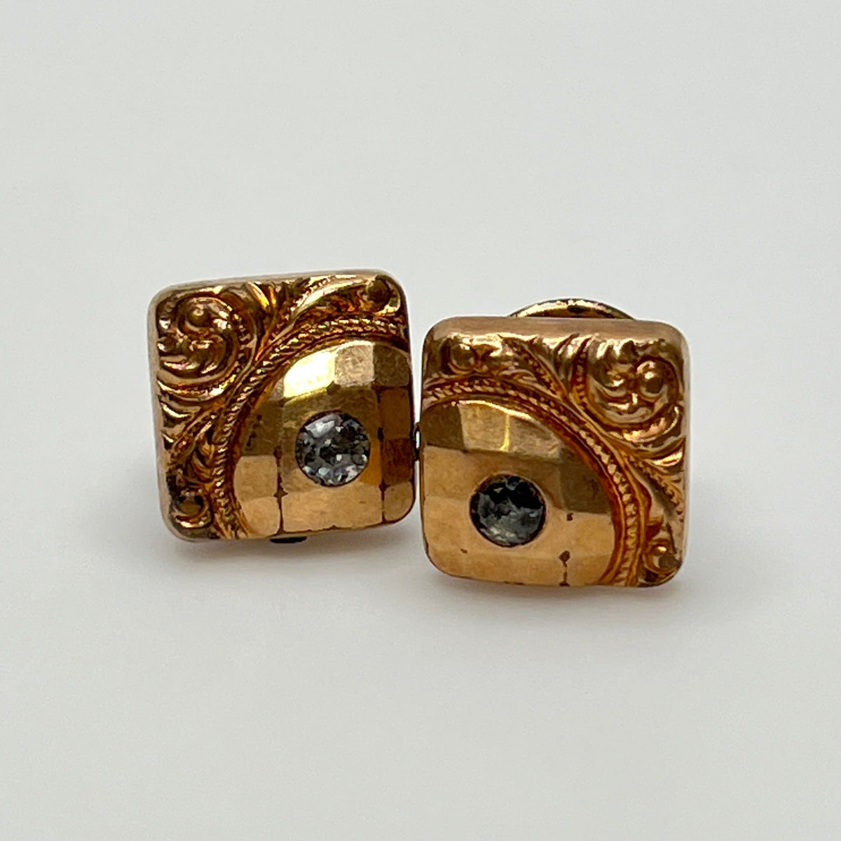 Antique rose gold-tone cufflinks with paste stone and scrollwork, stamped Pat Dec 1883