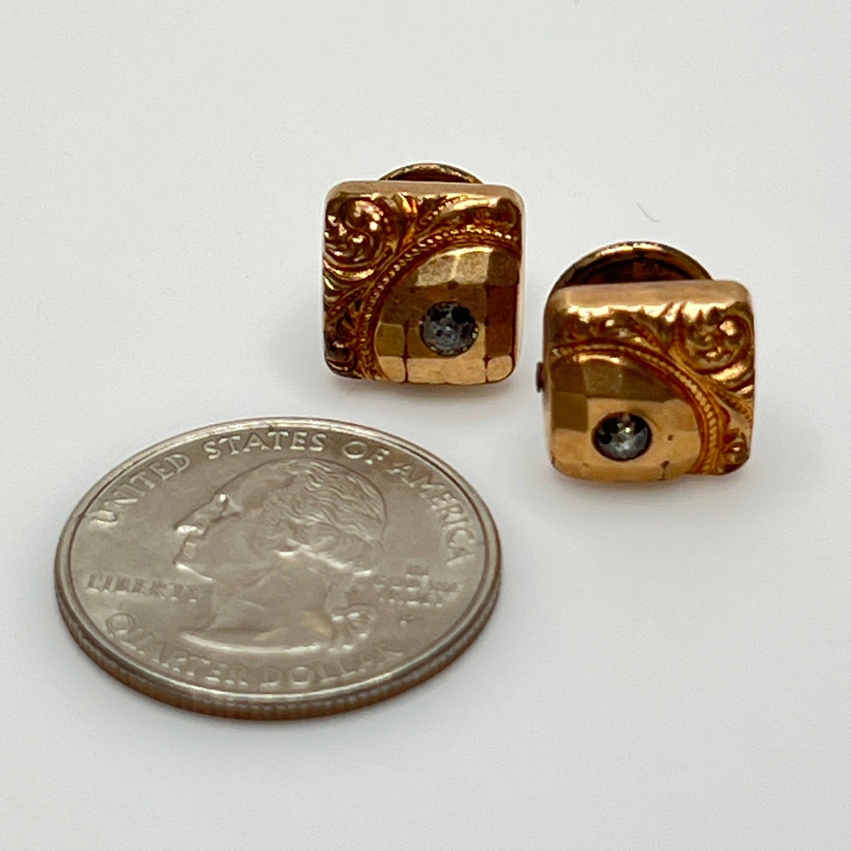 Antique rose gold-tone cufflinks with paste stone and scrollwork, stamped Pat Dec 1883