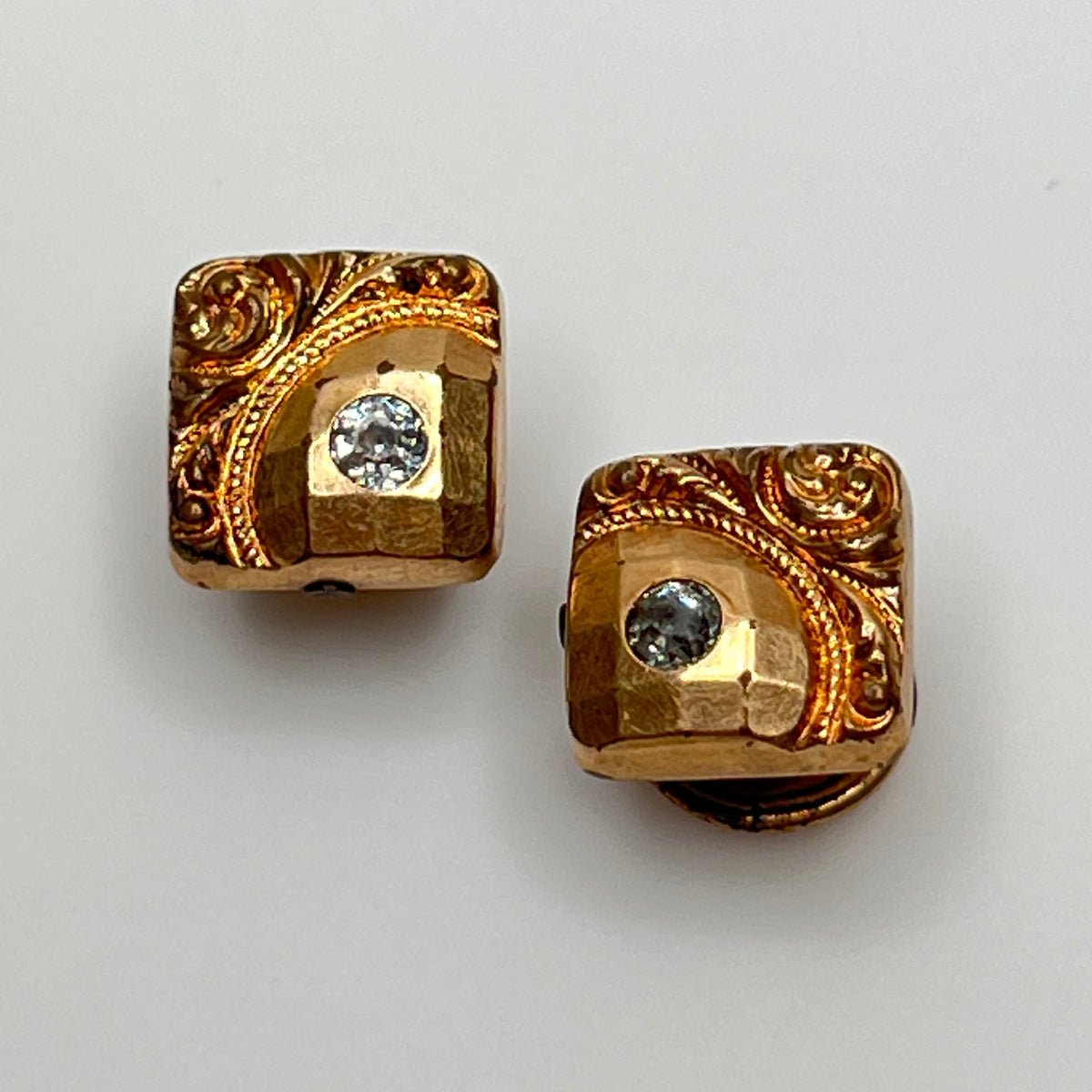 Antique rose gold-tone cufflinks with paste stone and scrollwork, stamped Pat Dec 1883