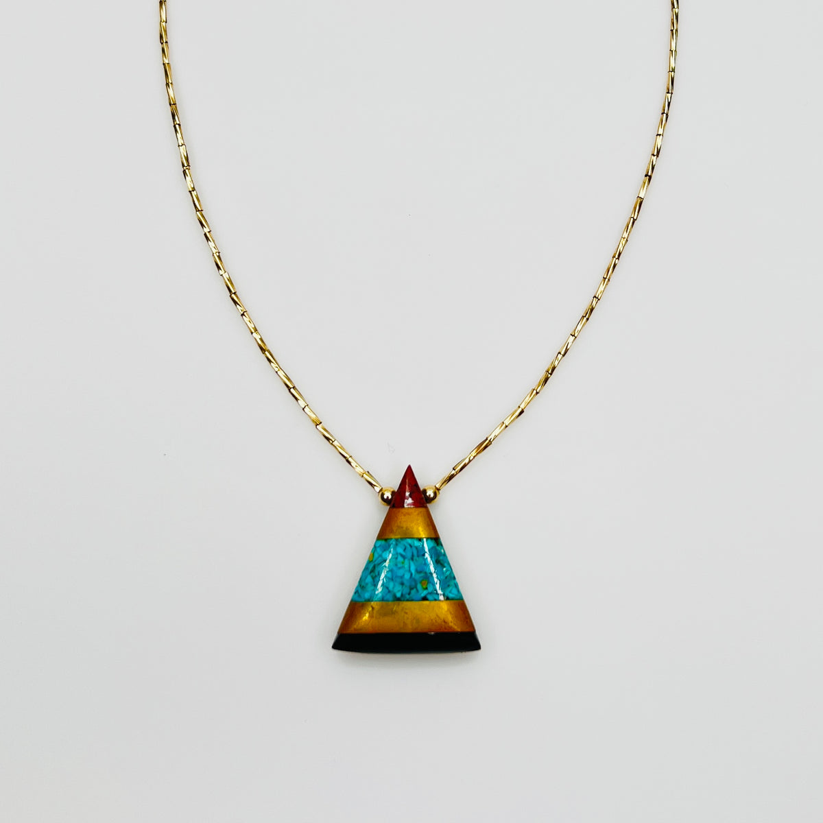 Turquoise inlay triangle pendant necklace gold vermeil beads