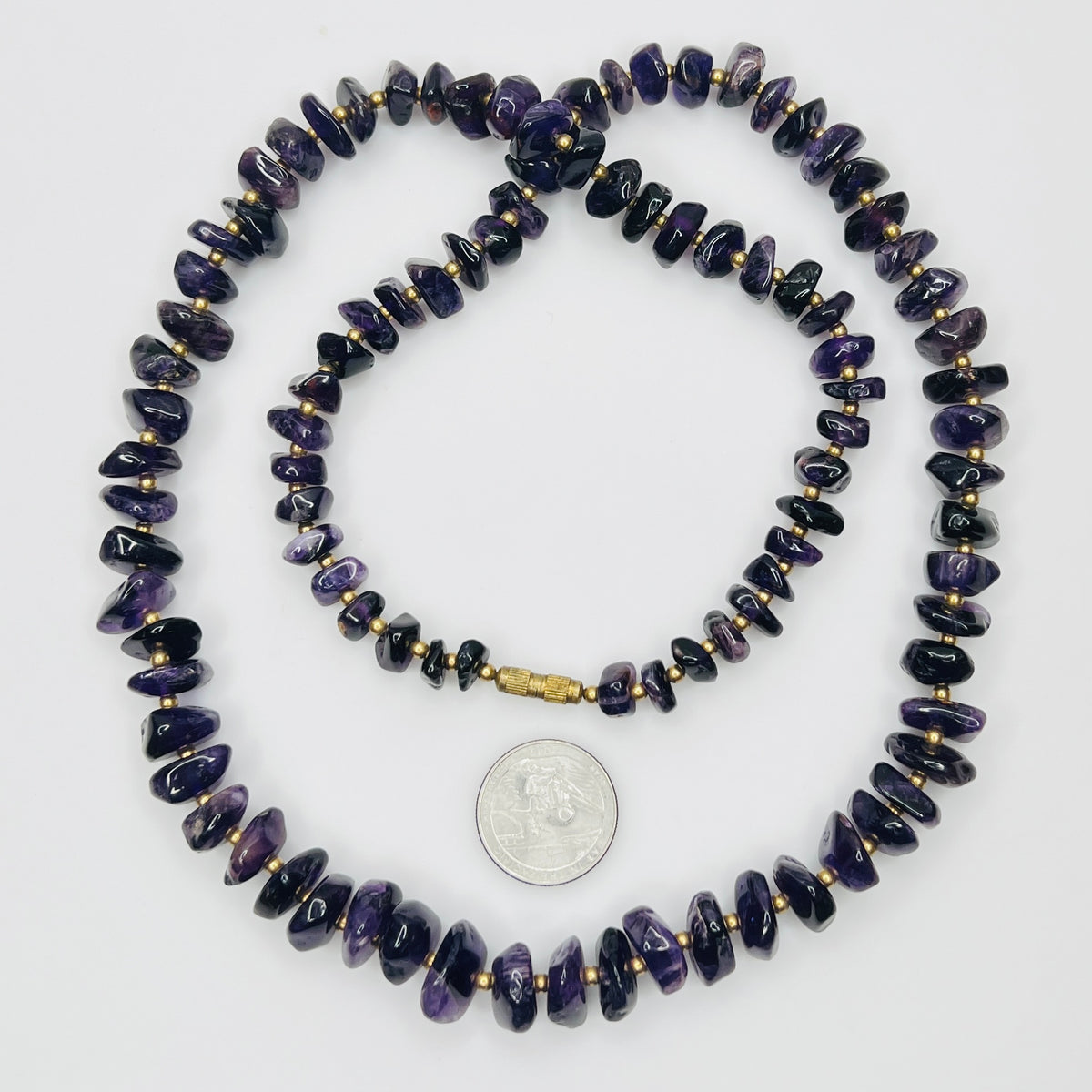 Vintage long amethyst nugget necklace with brass spacers and barrel clasp