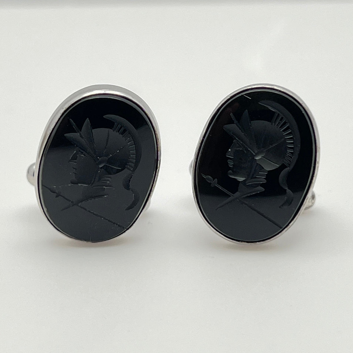 Sterling silver cufflinks with black Roman centurion intaglios, front view