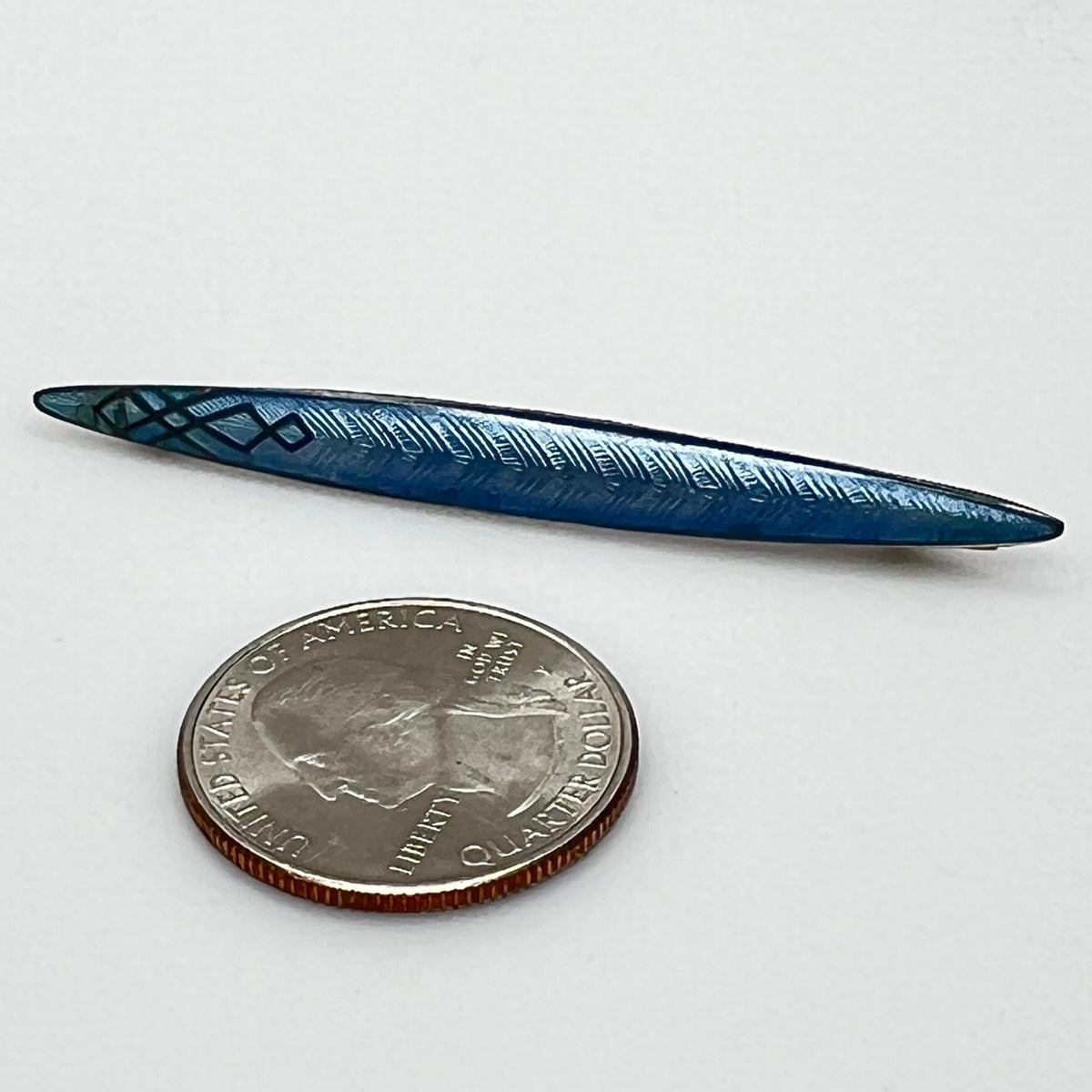 1920s sterling guilloché enamel bar brooch in light blue with quarter for size