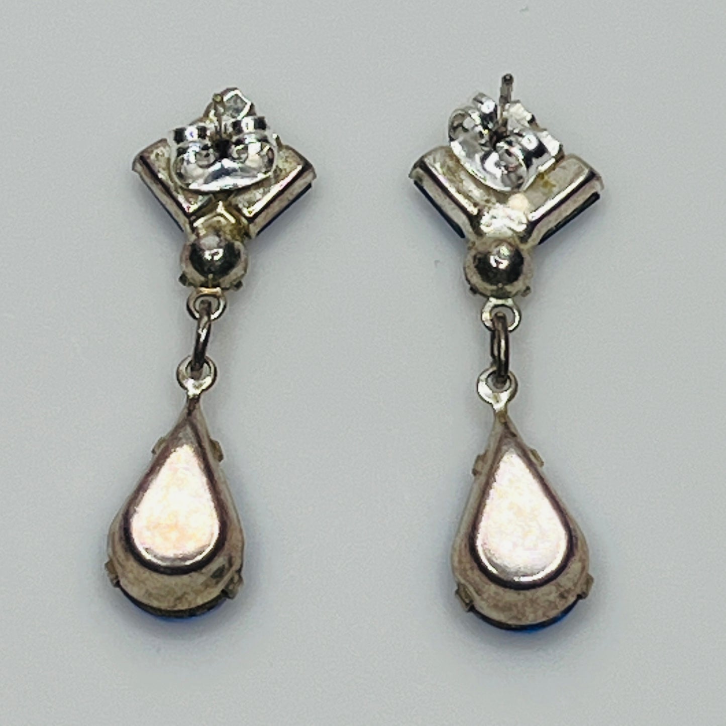 Art Deco-style blue rhinestone teardrop earrings with crystal accents