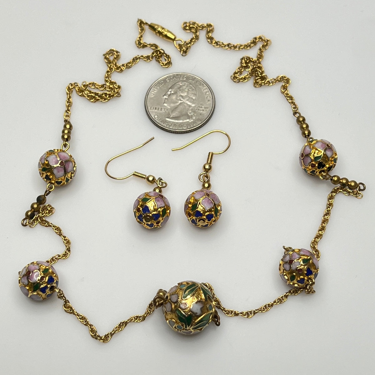 Cloisonné necklace and earring set with floral enamel beads in pink, blue, and green