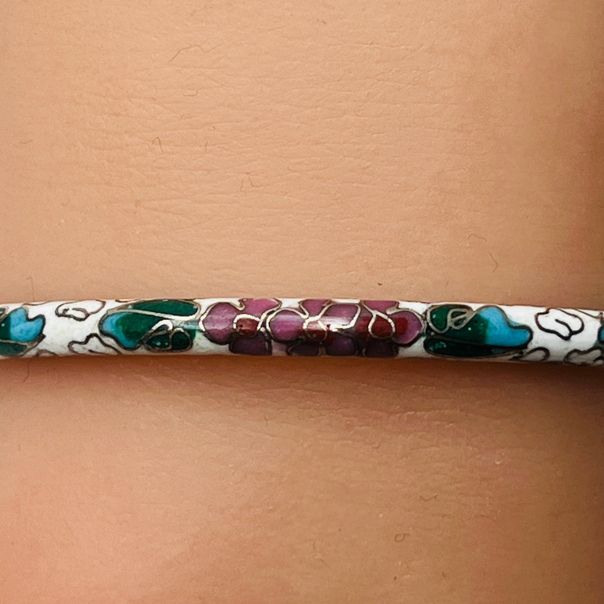 1970s enamel bangle with multicolor cloisonné flowers, inside and out