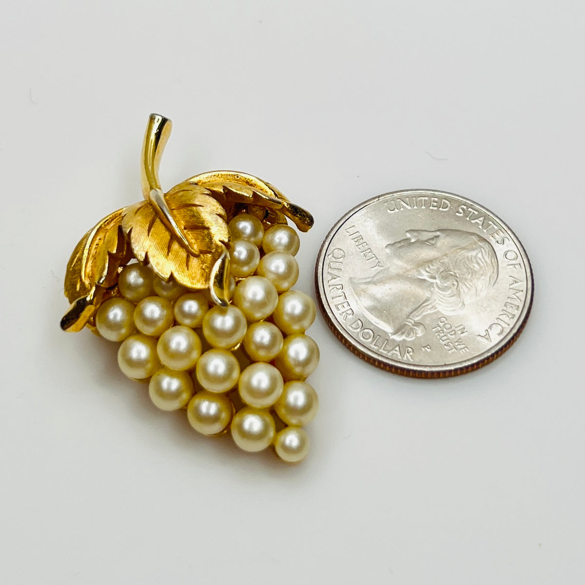 Crown Trifari faux pearl grape cluster brooch gold tone