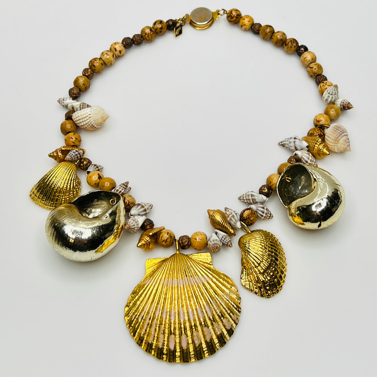 15-inch choker with real seashells, wood beads, and gold scallop pendant