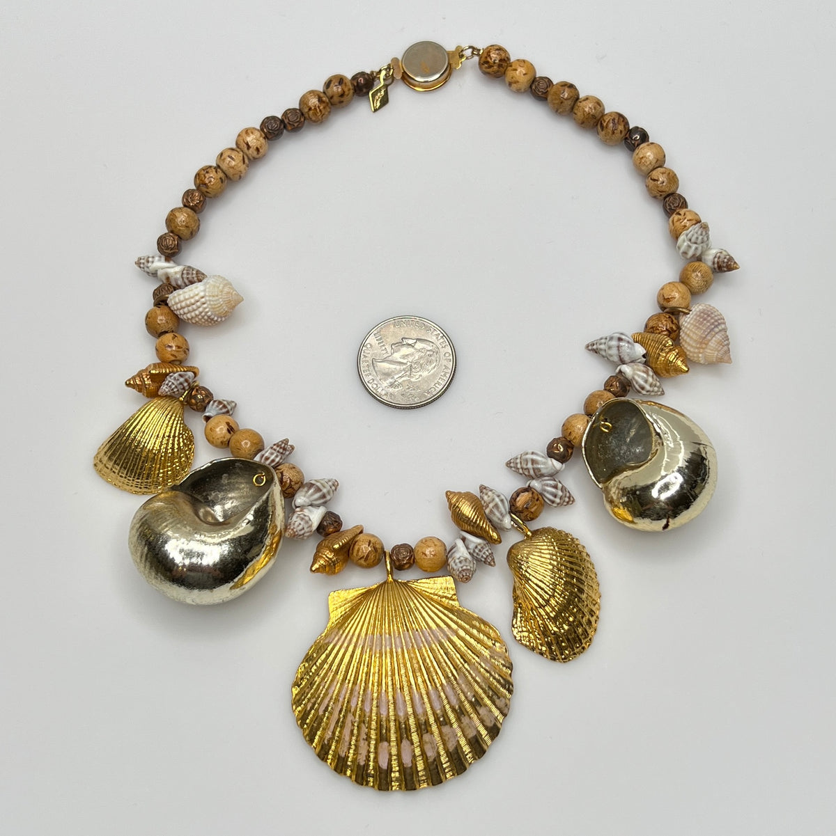 15-inch choker with real seashells, wood beads, and gold scallop pendant