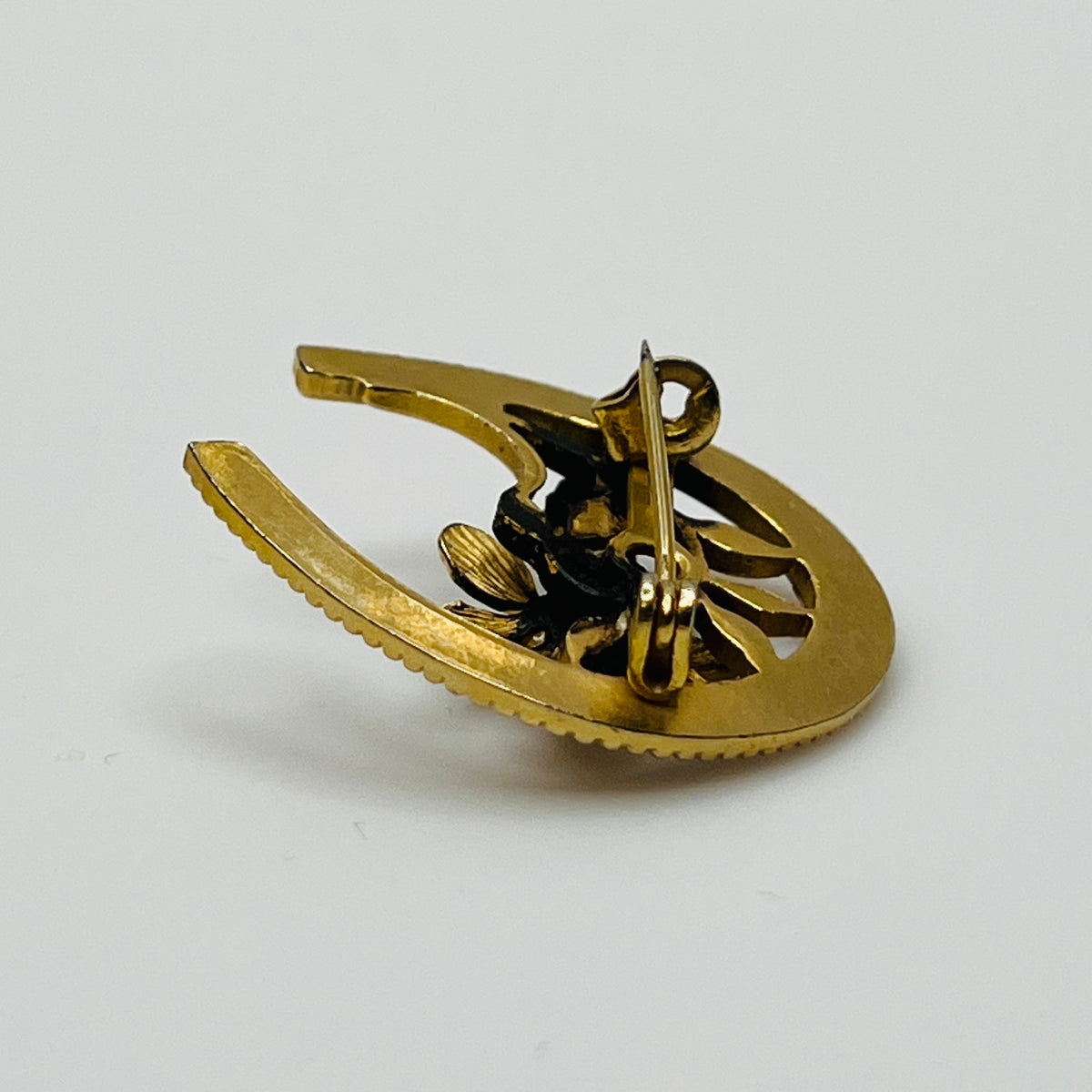 Back view of gold-tone horseshoe pin