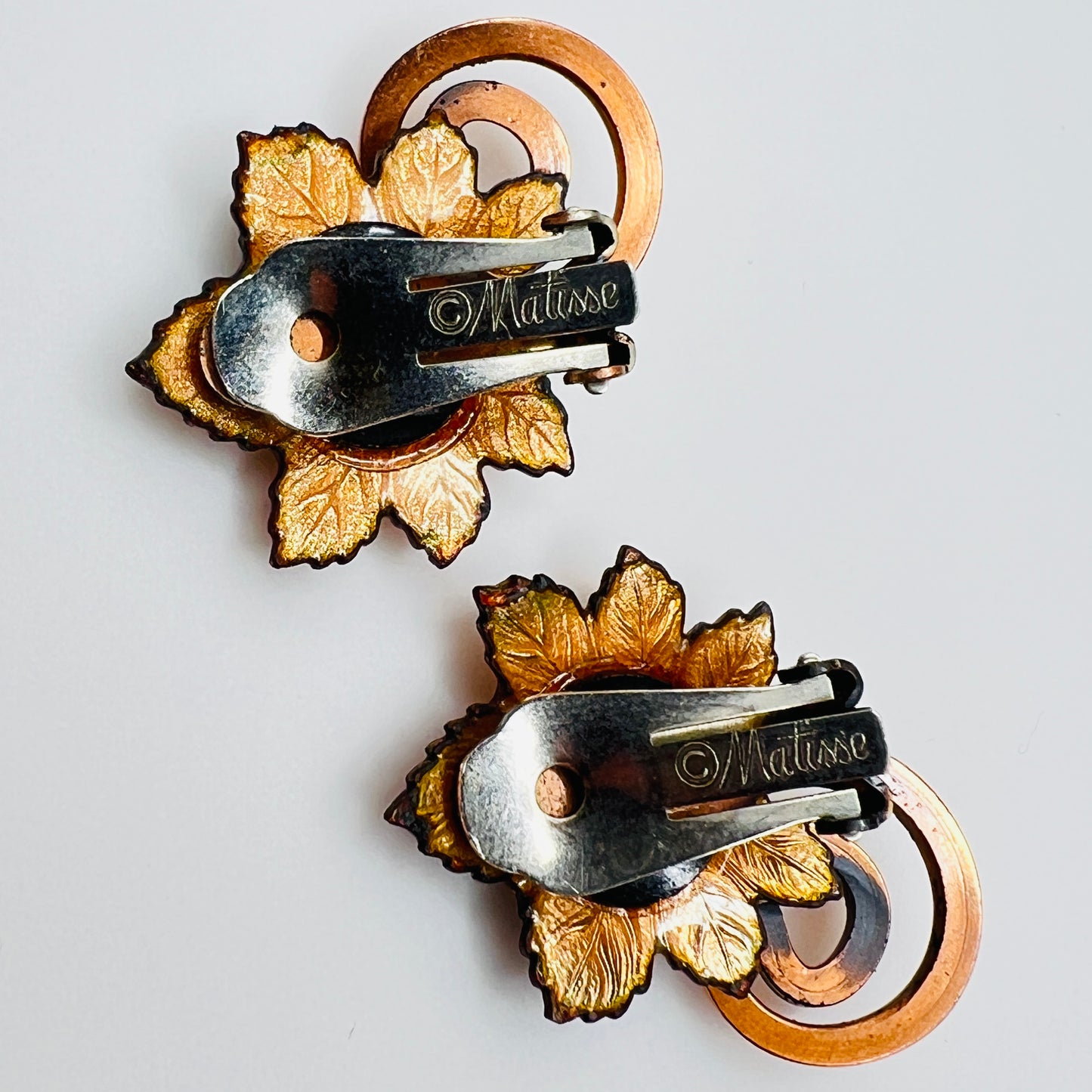 Matisse copper enamel maple leaf brooch and clip-on earring set in gold and black, signed mid-century vintage