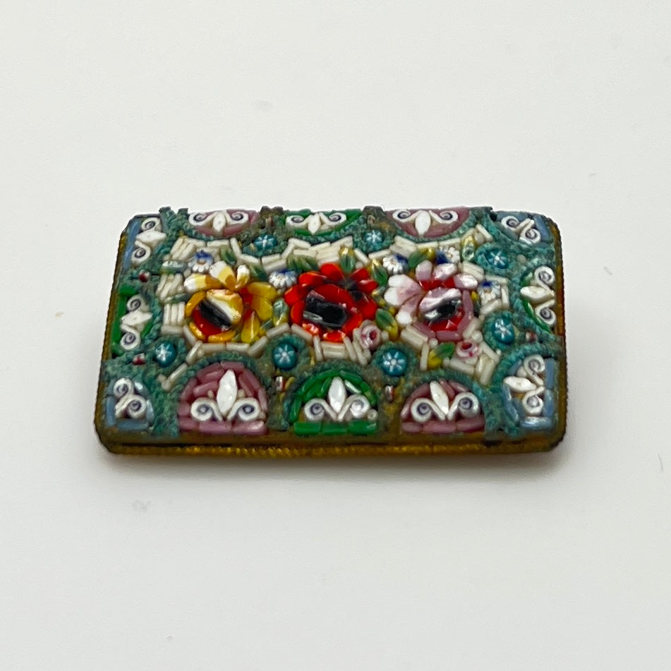 Italian micro mosaic brooch with floral rose design and colorful glass tile work