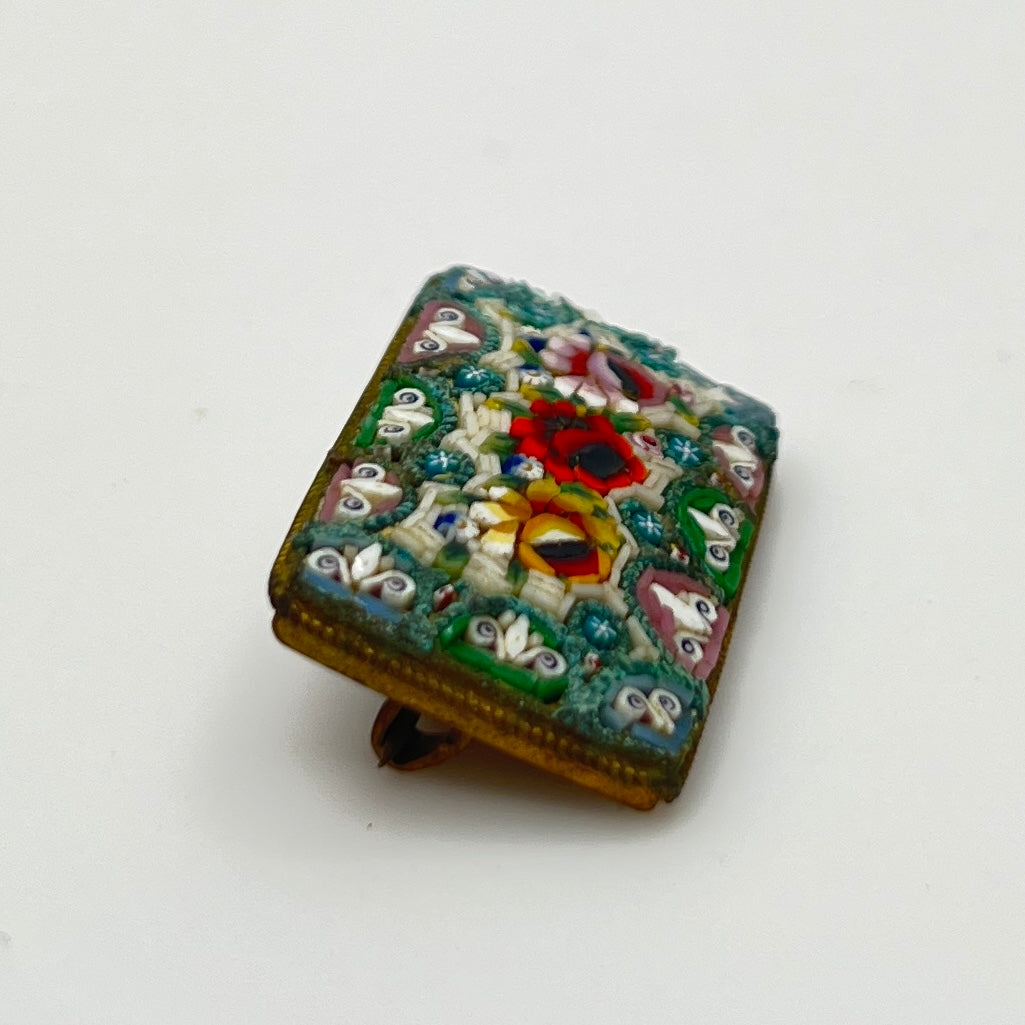 Italian micro mosaic brooch with floral rose design and colorful glass tile work
