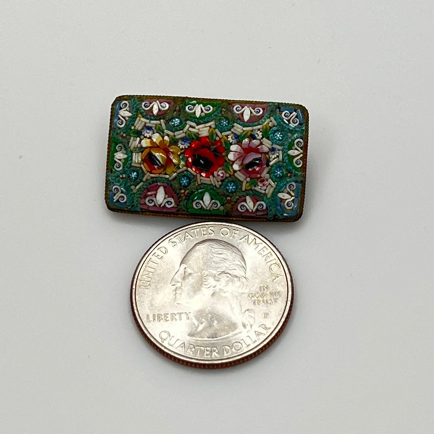 Italian micro mosaic brooch with floral rose design and colorful glass tile work