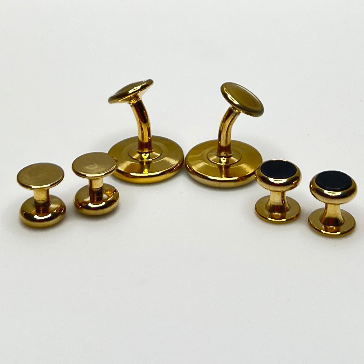 Gold-tone vintage tuxedo set with black glass cufflinks and shirt studs, formalwear set